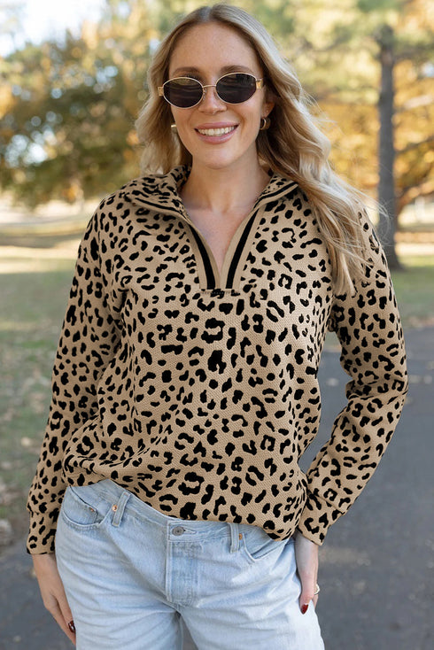 Leopard Polo Collar V Neck Pullover Long Sleeve Top